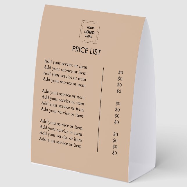 Rustic Kraft Price List Table Tent Paper Sign (Front)