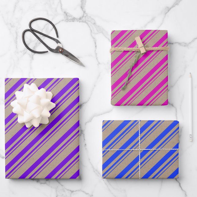 Rustic Kraft Purple Pink Blue Candy Stripes Wrapping Paper Sheet (Front)