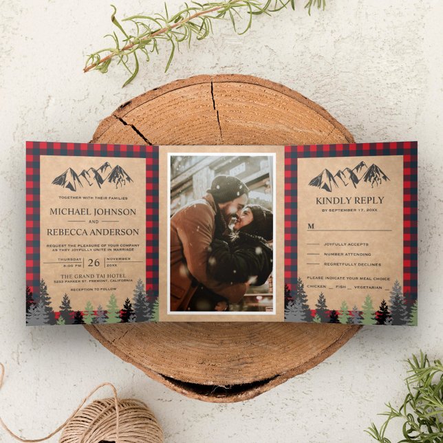 Rustic Kraft Red Buffalo Plaid Mountain Wedding Tri-Fold Invitation (Creator Uploaded)