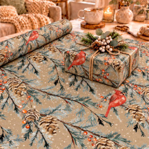 Rustic Kraft Red Cardinal Juniper Branches Berries Wrapping Paper