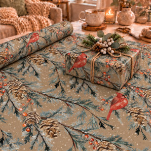 Rustic Kraft Red Cardinal Juniper Branches Berries Wrapping Paper