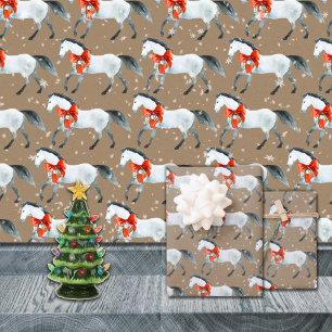 Rustic Kraft Red Christmas Bows On White Horses Wrapping Paper Sheet