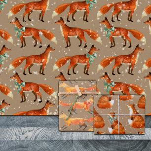 Rustic Kraft Red Fox With Bows And Snowflakes Wrapping Paper Sheet