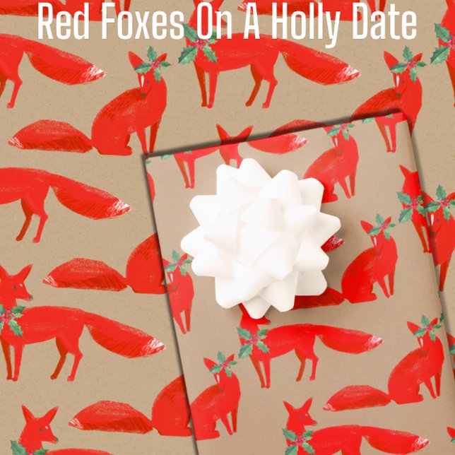 Rustic Kraft Red Foxes On A Holly Date Wrapping Paper (Rustic Kraft Red Foxes On A Holly Date Christmas Gift Wrap Available in 6 & 15 foot long rolls)