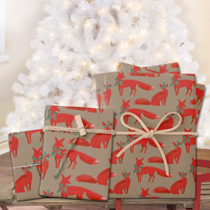 Rustic Kraft Red Foxes On A Holly Date Wrapping Paper Sheet