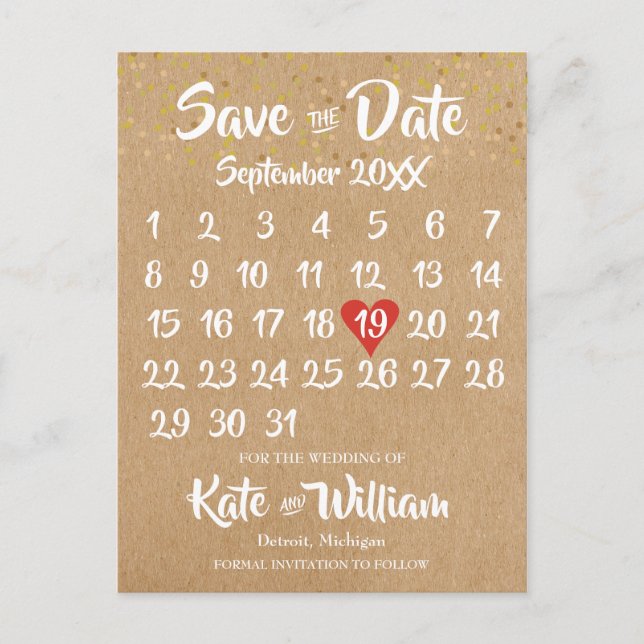Rustic Kraft Red Heart Calendar Save the Date Postcard (Front)
