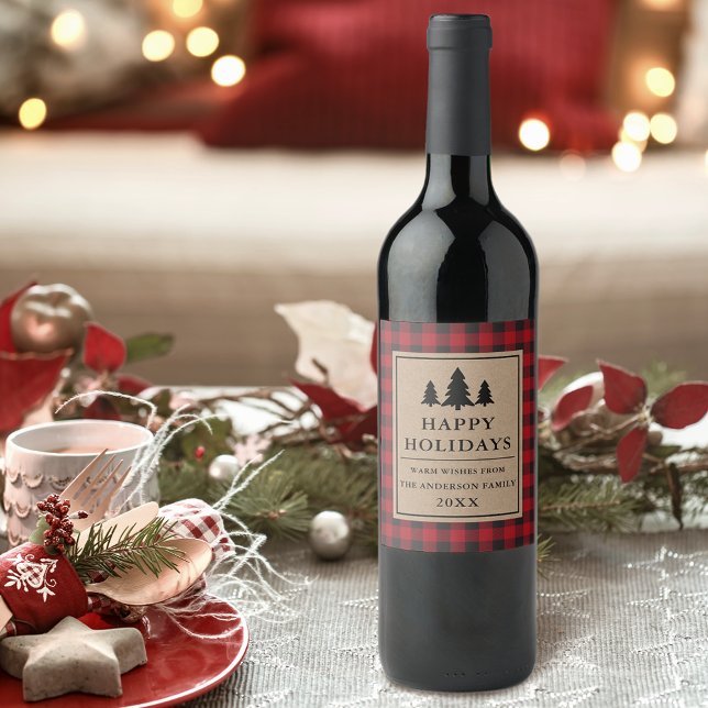 Rustic Kraft Red Plaid Pines Happy Holidays Wine Label (Customize to change text size or text style.)