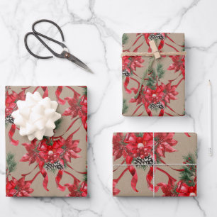Rustic Kraft Red Poinsettias Ribbons Bows Lattice  Wrapping Paper Sheet