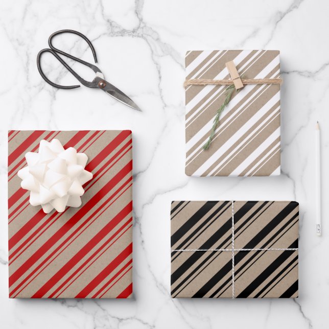Rustic Kraft Red White Black Candy Stripes Wrapping Paper Sheet (Front)