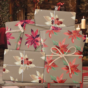 Rustic Kraft Red & White Foral Holiday Poinsettia Wrapping Paper Sheet