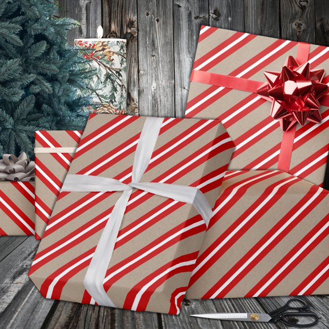 Rustic Kraft Red White Wide Stripe Holiday Wrapping Paper (Rustic Kraft Red White Wide Stripe Holiday Wrapping Paper in 6 & 15 foot long 30 Inch Width Rolls
)
