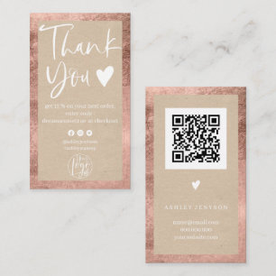 Rustic kraft rose gold white logo order thank you business card