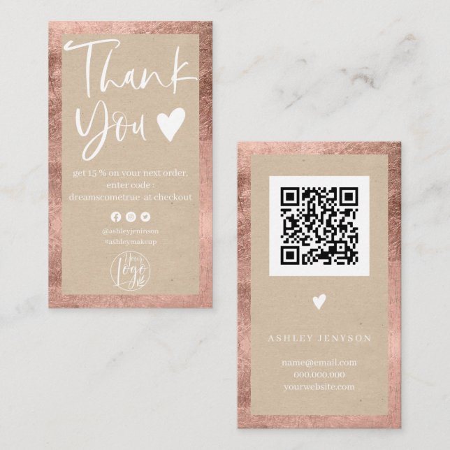 Rustic kraft rose gold white logo order thank you business card (Front/Back)