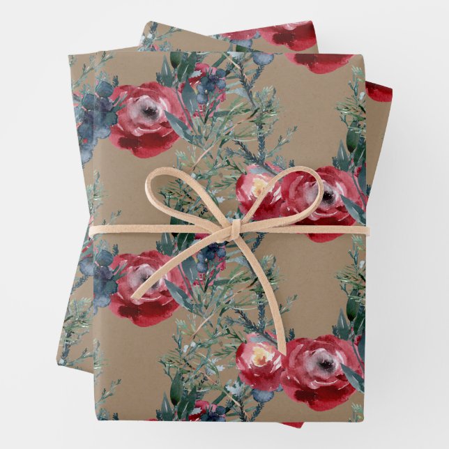 Rustic Kraft Roses Pine & Spruce Greenery Trellis Wrapping Paper Sheet (In situ)