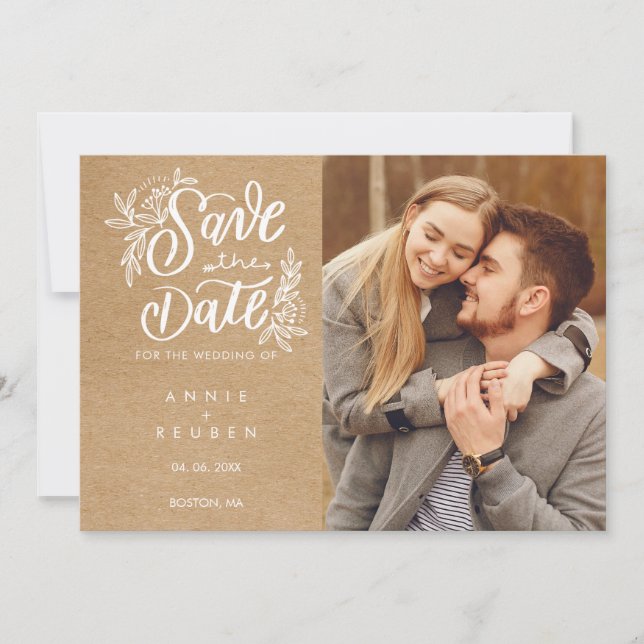 Rustic Kraft Save the Date Hand Script Photo (Front)