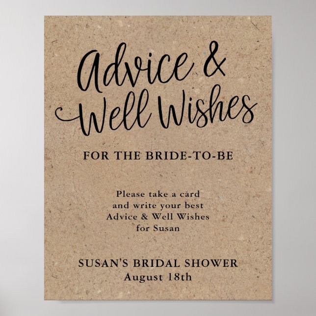 Rustic Kraft Script Bridal Shower Advice & Wishes Poster (Front)