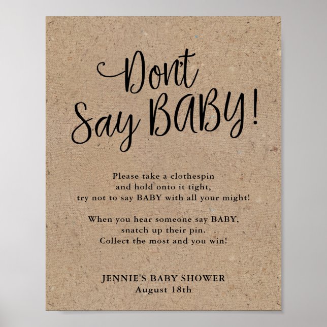 Rustic Kraft Script Don't Say Baby Game Poster (Front)
