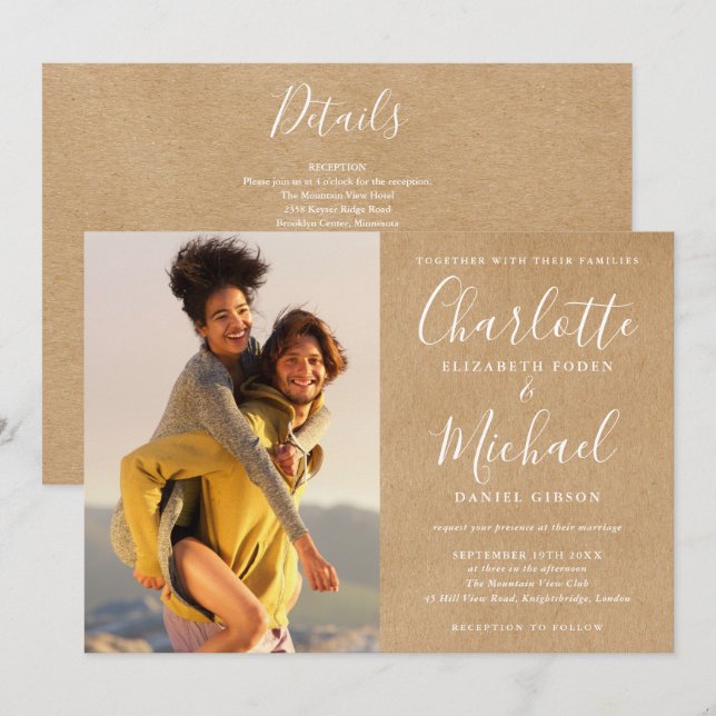 Rustic Kraft Script Photo Wedding All In One Invitation (Front/Back)