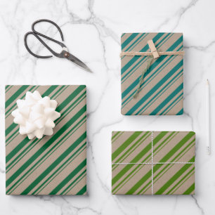 Rustic Kraft Shades Of Green Candy Stripes Wrapping Paper Sheet