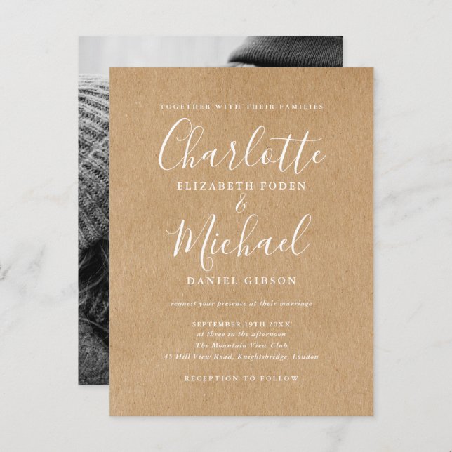 Rustic Kraft Signature Script Photo Wedding Invitation Postcard (Front/Back)