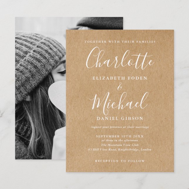 Rustic Kraft Signature Script Photo Wedding Invitation Postcard (Front/Back)