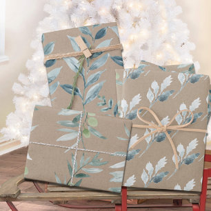 Rustic Kraft Silver Blue Winter Greenery Wrapping Paper Sheet