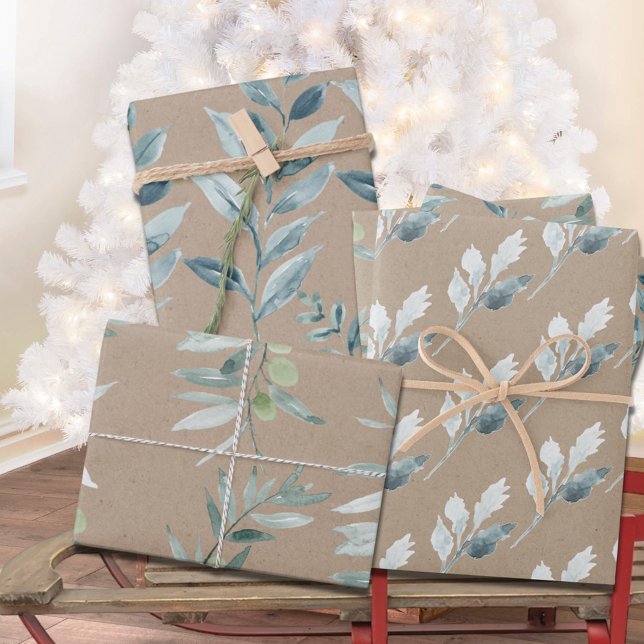 Rustic Kraft Silver Blue Winter Greenery Wrapping Paper Sheet (Rustic Kraft Blue Winter Greenery Gift Wrapping Paper Sheets Trio.)