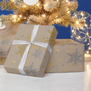 Rustic Kraft Silver & Gold Snowflakes Wrapping Paper