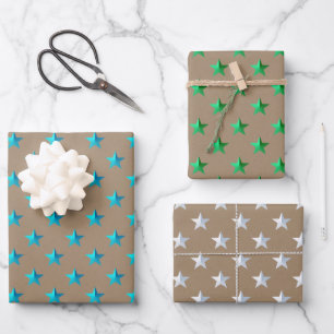Rustic Kraft Silver Green Turquoise Blue Stars Wrapping Paper Sheet