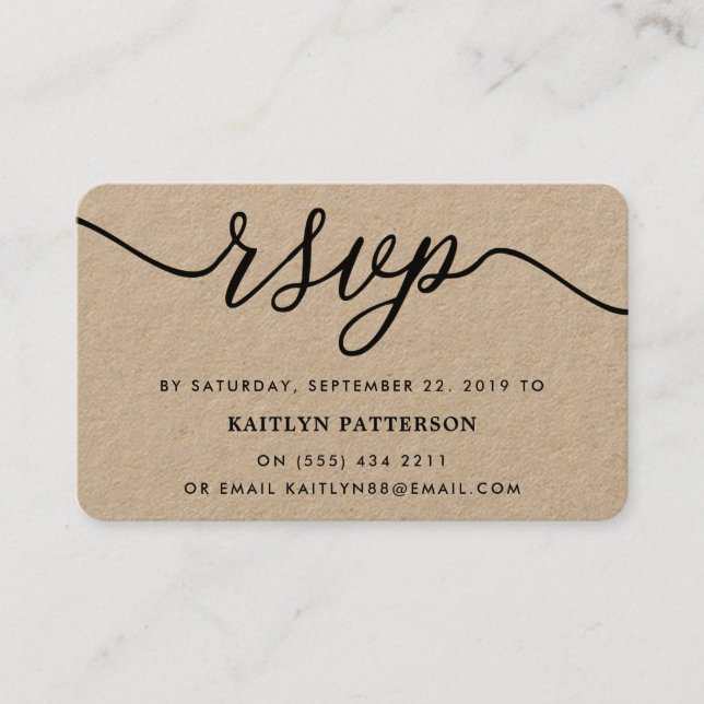 Rustic Kraft Simple Script RSVP Business Card (Front)