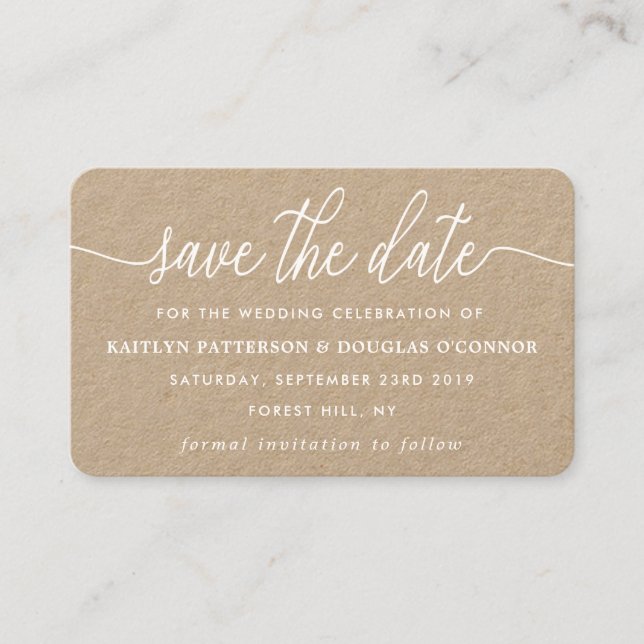 Rustic Kraft Simple Script Save The Date Business Card (Front)