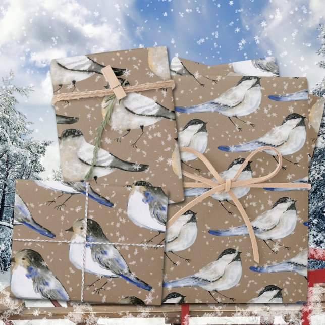 Rustic Kraft Snowy Black & Blue Chickadee Birds  Wrapping Paper Sheet (Rustic Kraft Snowy Black & Blue Chickadee Birds Christmas Holiday Gift Wrapping Paper Sheets Trio)