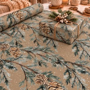 Rustic Kraft Snowy Blue Juniper Branch & Cones Wrapping Paper