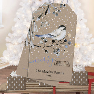 Rustic Kraft Snowy Chickadee Bird Merry Christmas Gift Tags