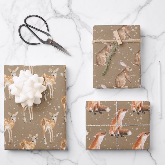 Rustic Kraft Snowy Winter Animals Wrapping Paper Sheet (Front)