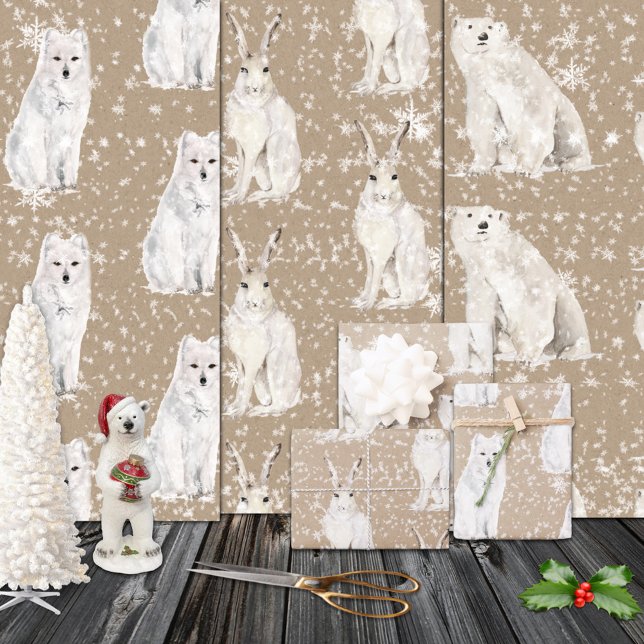 Rustic Kraft Snowy Winter Arctic Animals Wrapping Paper Sheet (Rustic Kraft Snowy Winter Arctic Animals Christmas Holiday Wrapping Paper Sheets Trio)