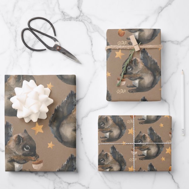 Rustic Kraft Squirrels & Gold Stars Wrapping Paper Sheet (Front)