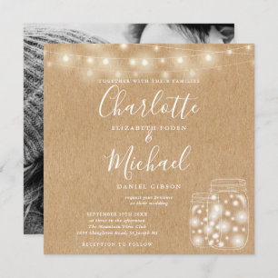 Rustic Kraft String Light Mason Jar Wedding Photo Invitation