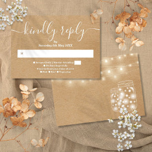 Rustic Kraft String Lights Mason Jars RSVP Card