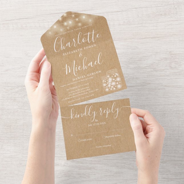 Rustic Kraft String Lights Mason Jars Wedding All In One Invitation (Tearaway)