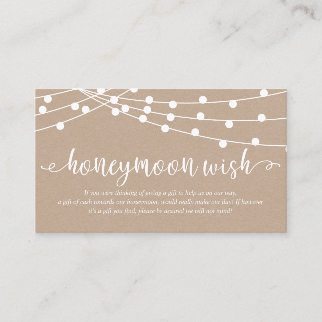 Rustic kraft string lights, Wedding Honeymoon Fund Enclosure Card (Front)