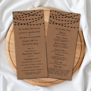 Rustic Kraft String Lights Wedding Program Rack Card