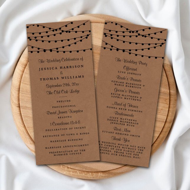 Rustic Kraft String Lights Wedding Program Rack Card (Creator Uploaded)