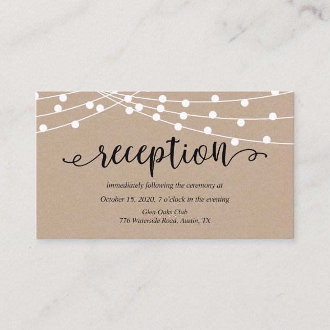 Rustic kraft string lights, Wedding Reception Enclosure Card (Front)