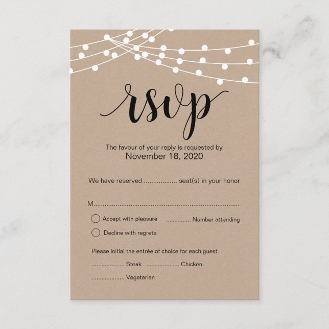 Rustic Kraft String Lights wedding rsvp reply card (Front)