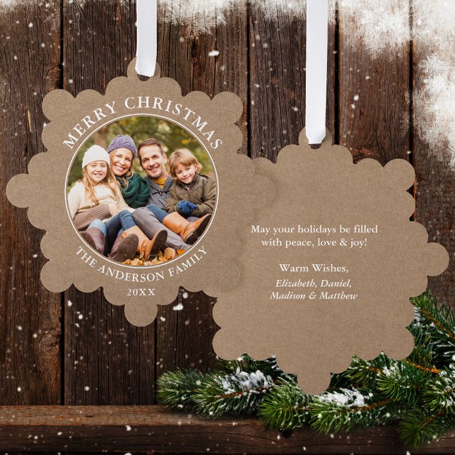 Rustic Kraft Style Merry Christmas Photo Tree Decoration Card (A greeting card that is also an ornament! Customize with your photo and personalized text.)