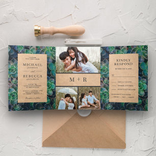 Rustic Kraft Succulents Photo Collage Wedding Tri-Fold Invitation