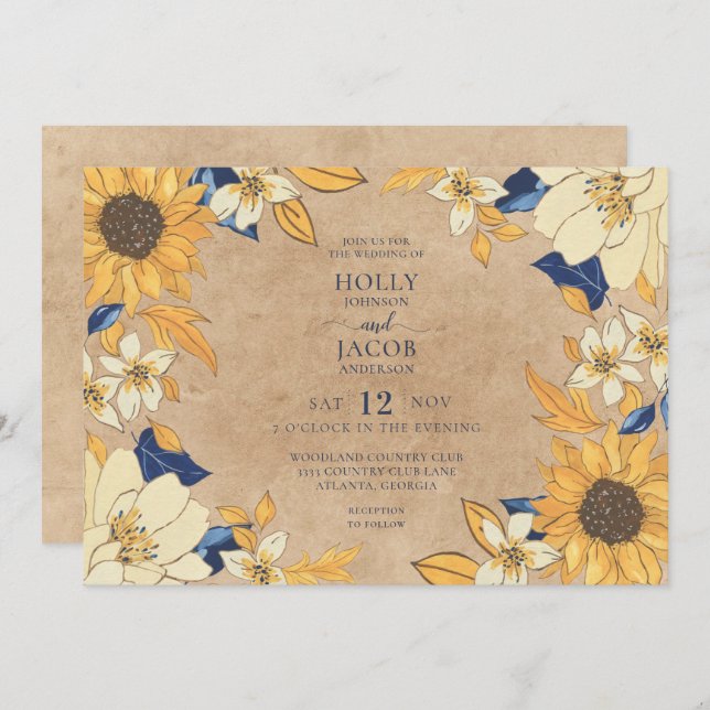 Rustic Kraft Sunflower Blue Yellow Floral Wedding Invitation (Front/Back)