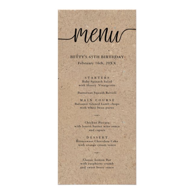 Rustic Kraft Swash Script Tall Menu Card (Front)