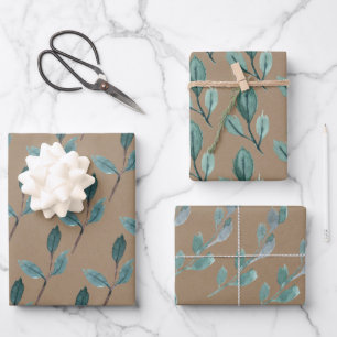 Rustic Kraft Teal Blue Green Winter Leaf Greenery Wrapping Paper Sheet